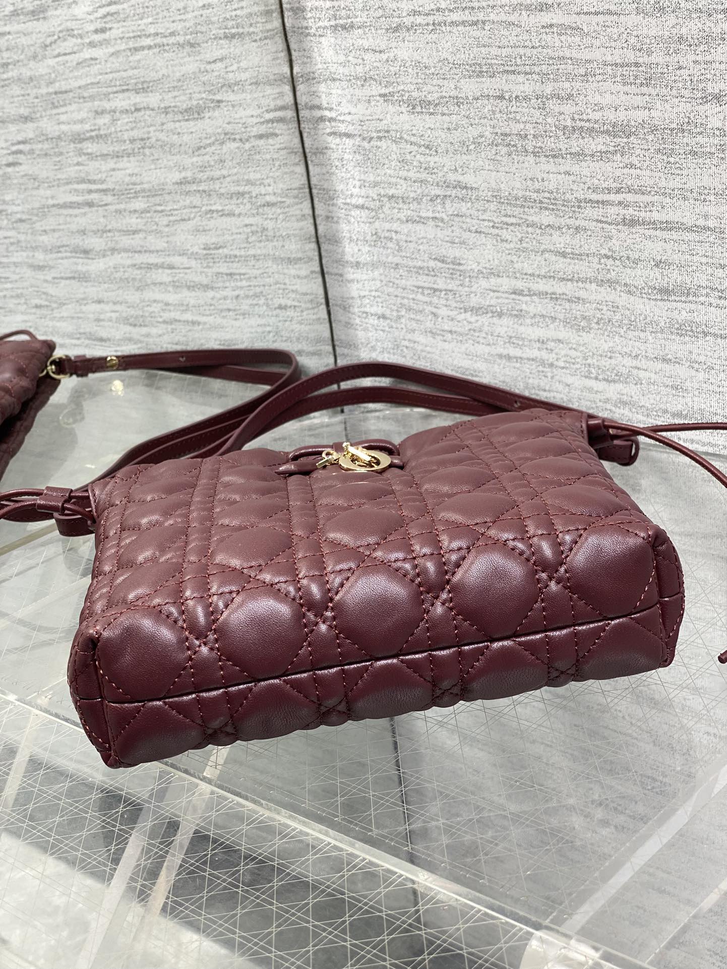 DIOR 26S ADIORABLE BUCKET BAG 20 IN BURGUNDY LAMBSKIN