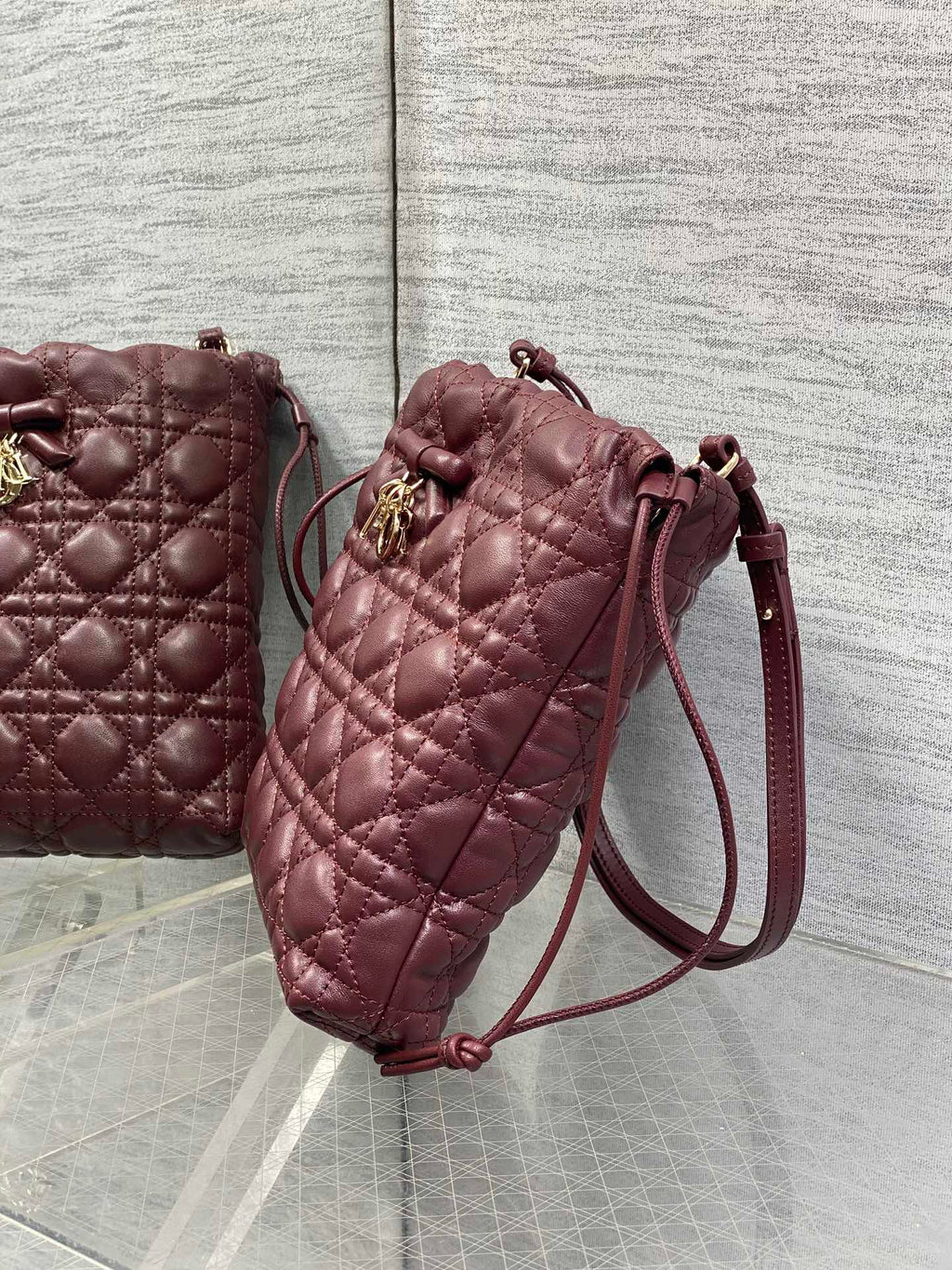 DIOR 26S ADIORABLE BUCKET BAG 20 IN BURGUNDY LAMBSKIN