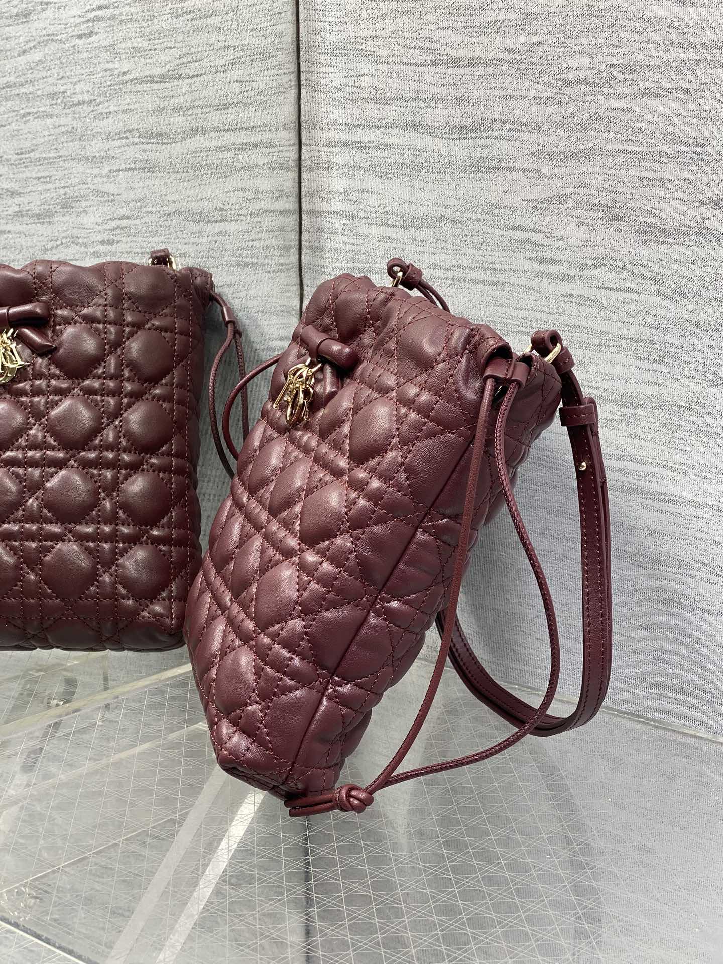 DIOR 26S ADIORABLE BUCKET BAG 20 IN BURGUNDY LAMBSKIN