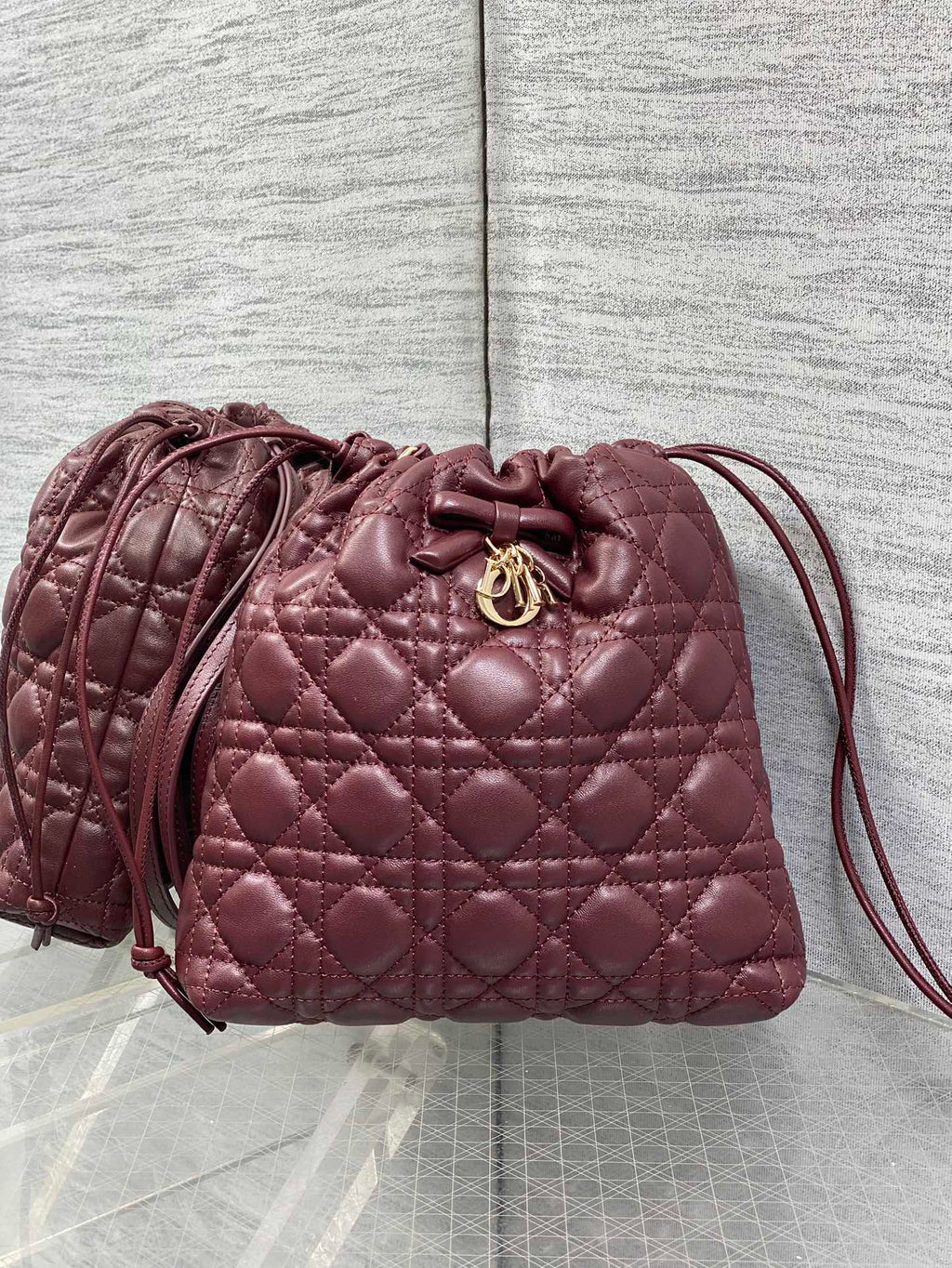 DIOR 26S ADIORABLE BUCKET BAG 20 IN BURGUNDY LAMBSKIN