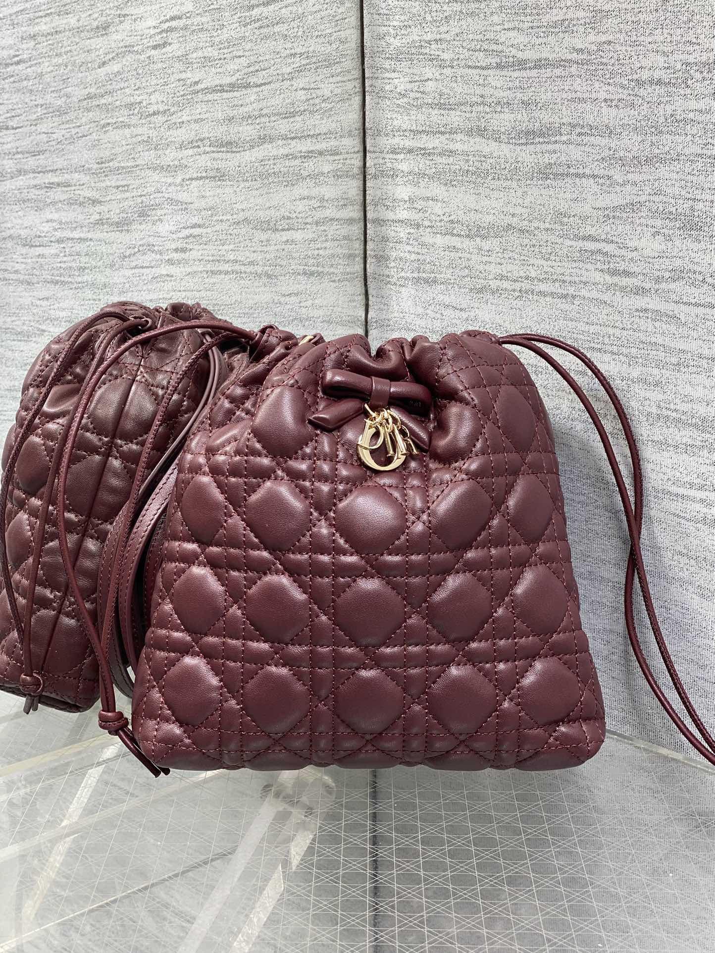 DIOR 26S ADIORABLE BUCKET BAG 20 IN BURGUNDY LAMBSKIN