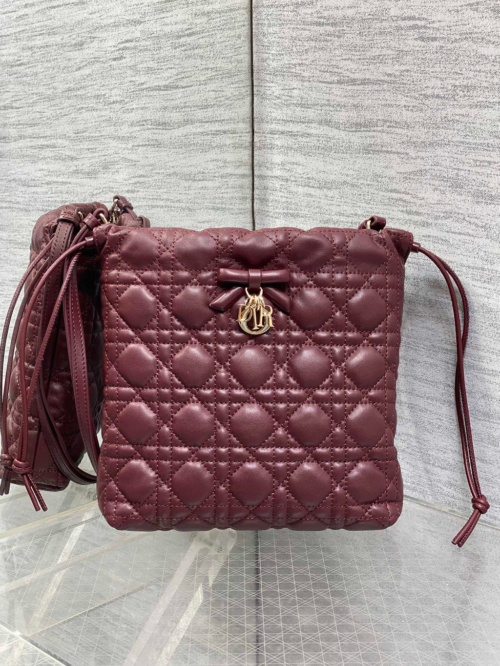 DIOR 26S ADIORABLE BUCKET BAG 20 IN BURGUNDY LAMBSKIN