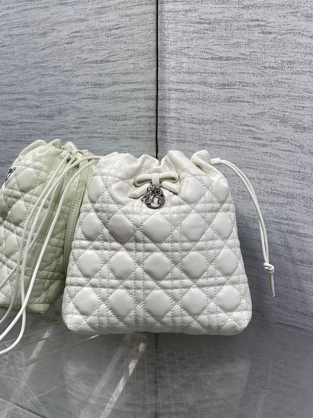 DIOR 26S ADIORABLE BUCKET BAG 20 IN WHITE LAMBSKIN