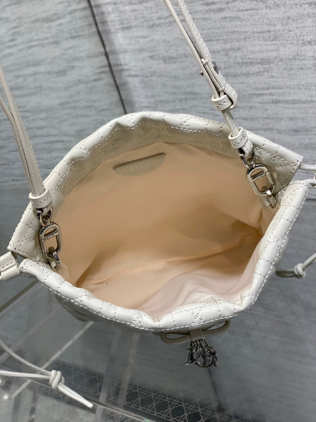 DIOR 26S ADIORABLE BUCKET BAG 20 IN WHITE LAMBSKIN