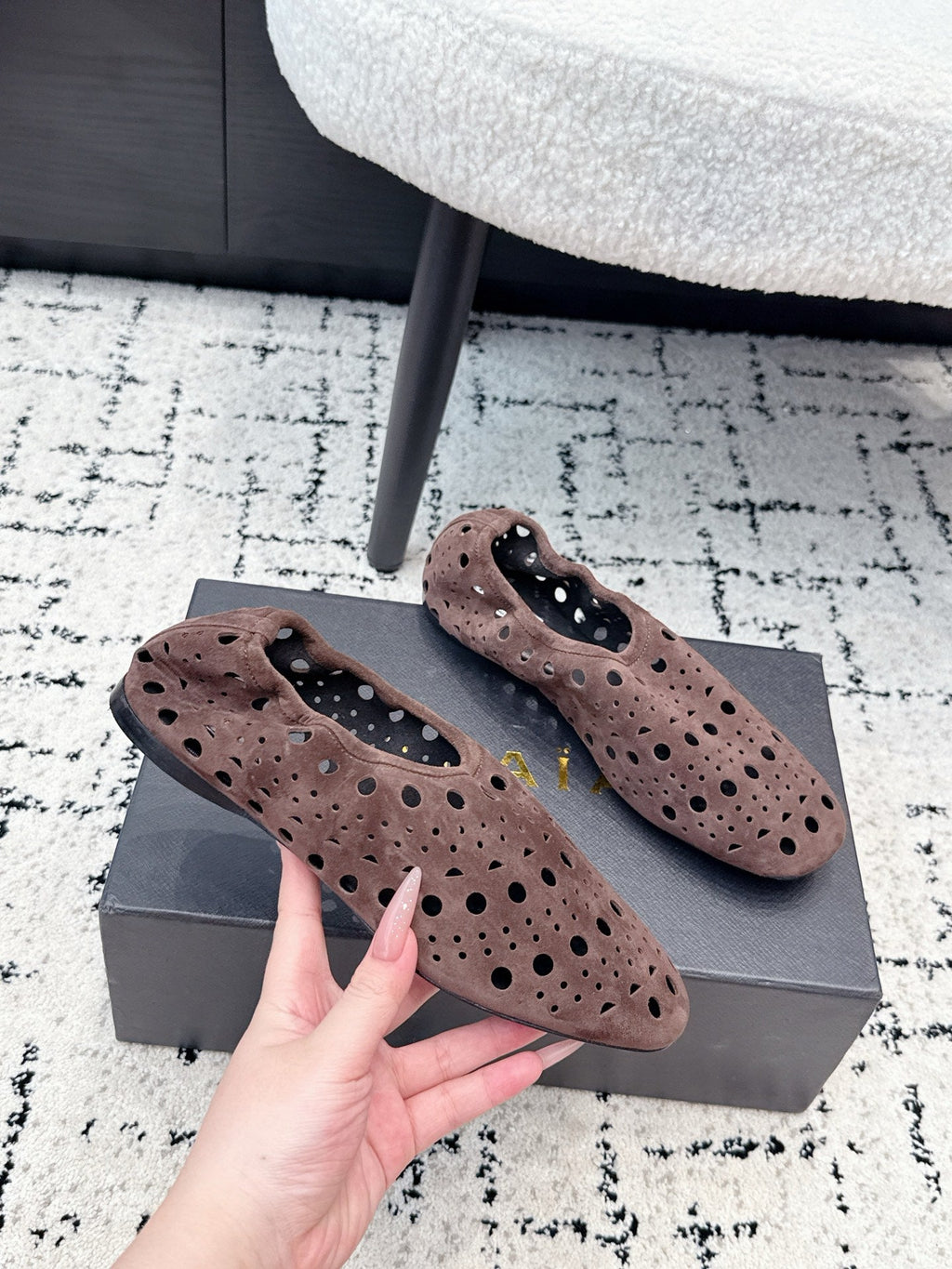 ALAIA 26S FLAT SLIP-ONS IN DARK BROWN SUEDE WITH OPENWORK PATTERN