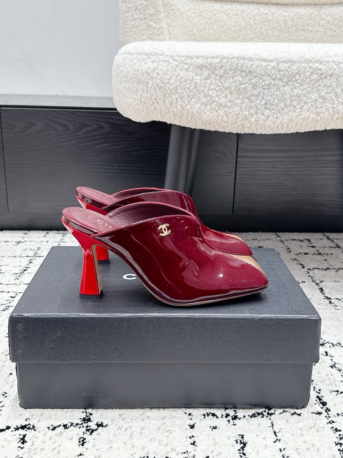 CHANEL 26S SQUARE-TOE HEELED MULES 95 MM IN MERLOT RED PATENT LAMBSKIN