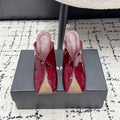 CHANEL 26S SQUARE-TOE HEELED MULES 95 MM IN MERLOT RED PATENT LAMBSKIN