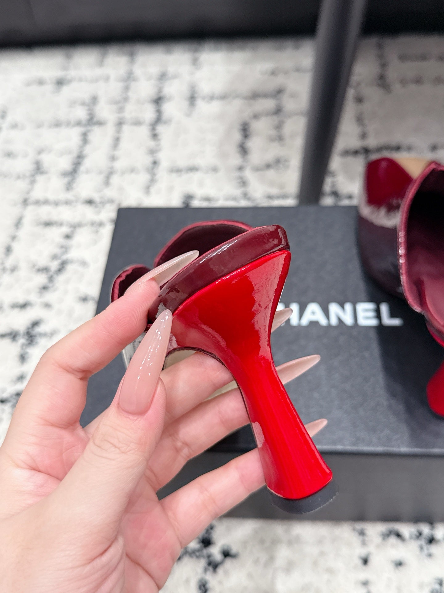 CHANEL 26S SQUARE-TOE HEELED MULES 95 MM IN MERLOT RED PATENT LAMBSKIN