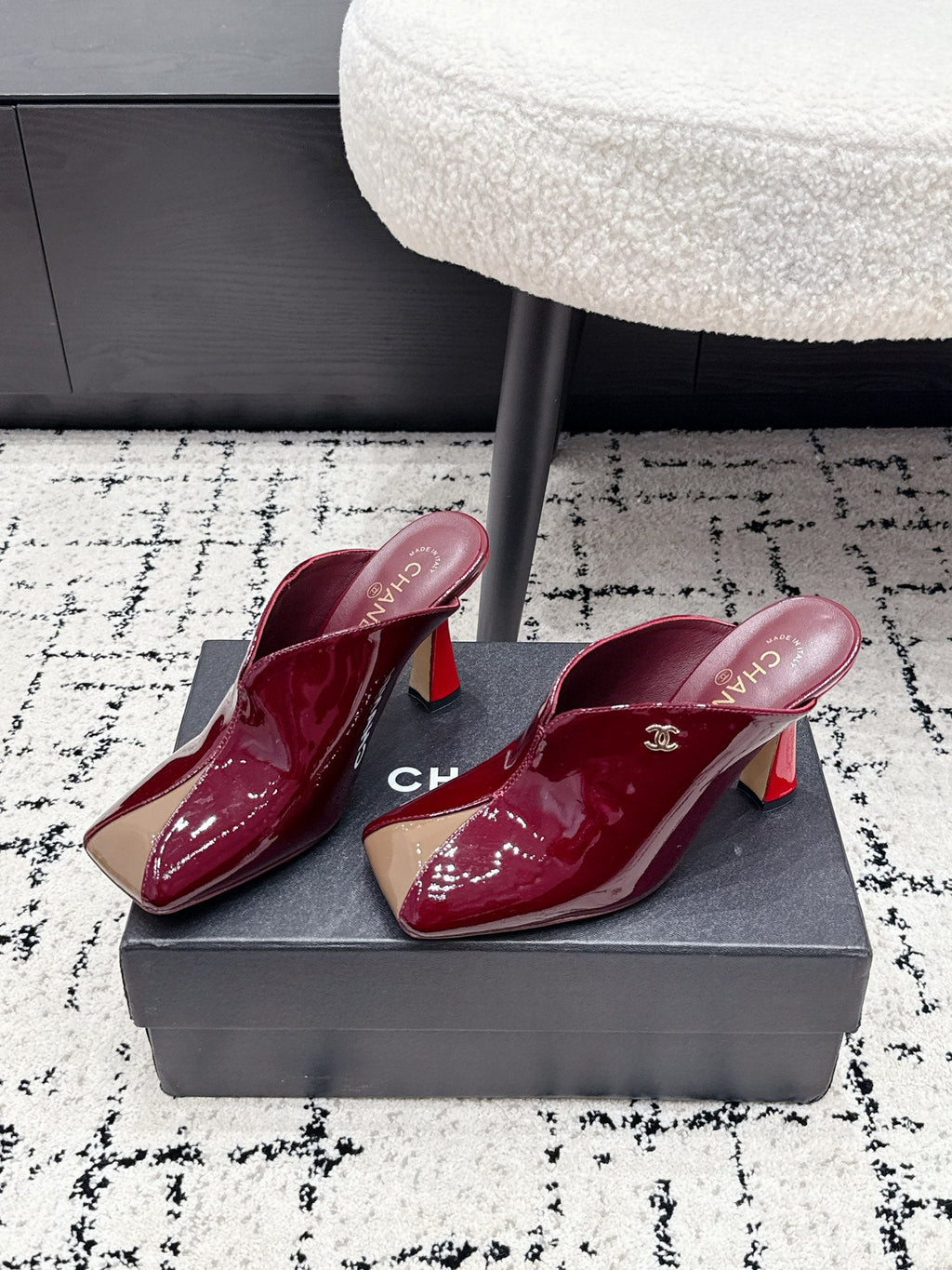 CHANEL 26S SQUARE-TOE HEELED MULES 95 MM IN MERLOT RED PATENT LAMBSKIN
