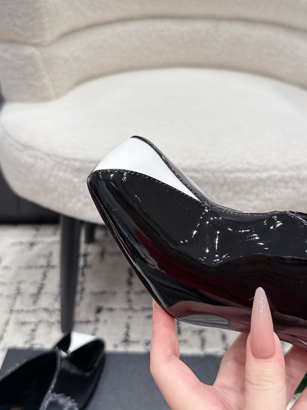 CHANEL 26S SQUARE-TOE HEELED MULES 95 MM IN BLACK MIX WHITE PATENT LAMBSKIN