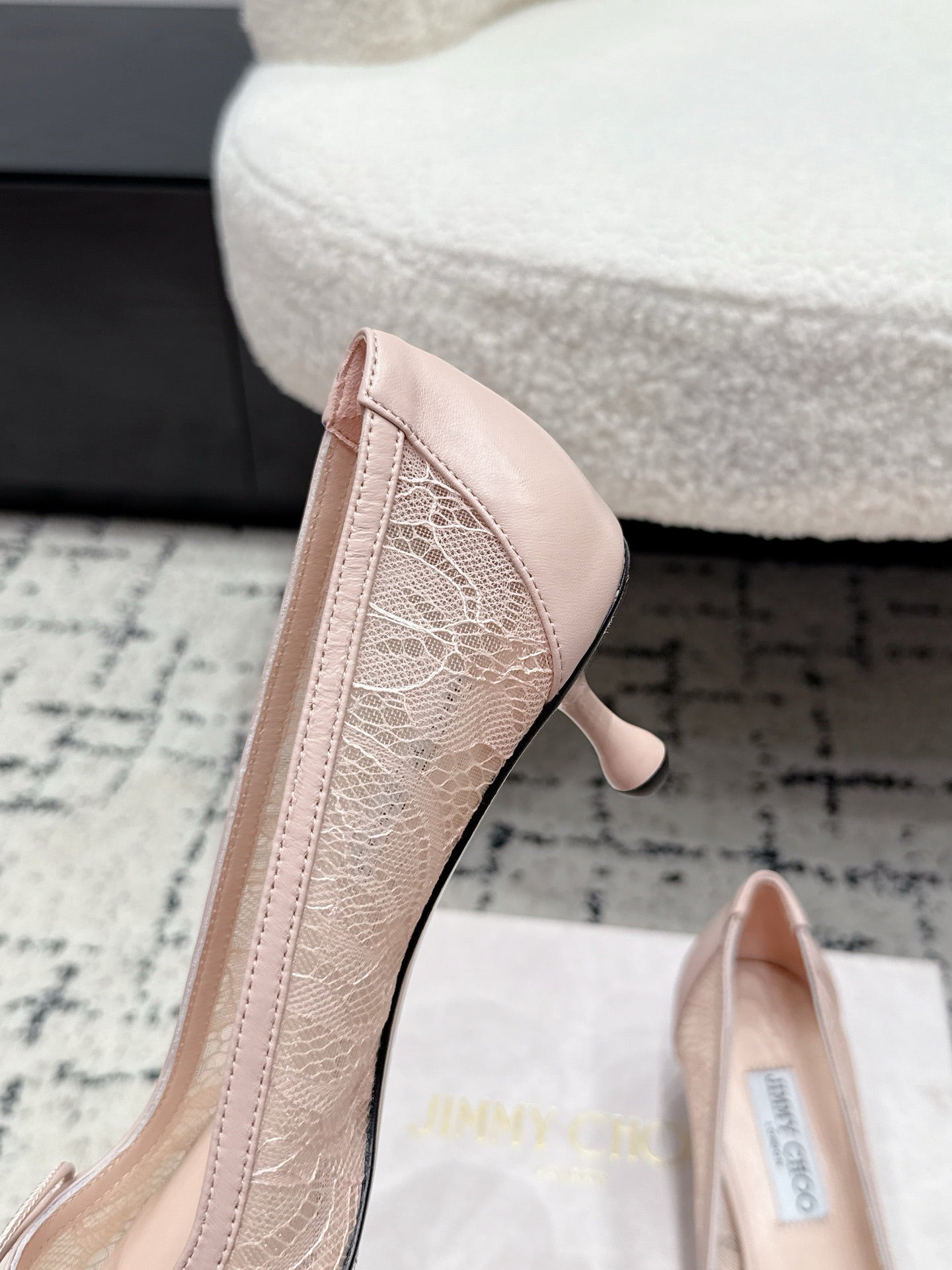 JIMMY CHOO 26S LACE-UP HIGH HEELS 45 MM IN NUDE PINK LACE FABRIC