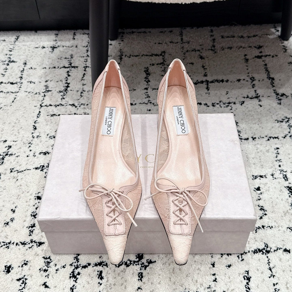 JIMMY CHOO 26S LACE-UP HIGH HEELS 45 MM IN NUDE PINK LACE FABRIC