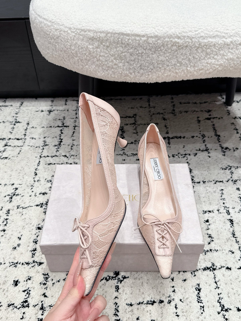 JIMMY CHOO 26S LACE-UP HIGH HEELS 45 MM IN NUDE PINK LACE FABRIC