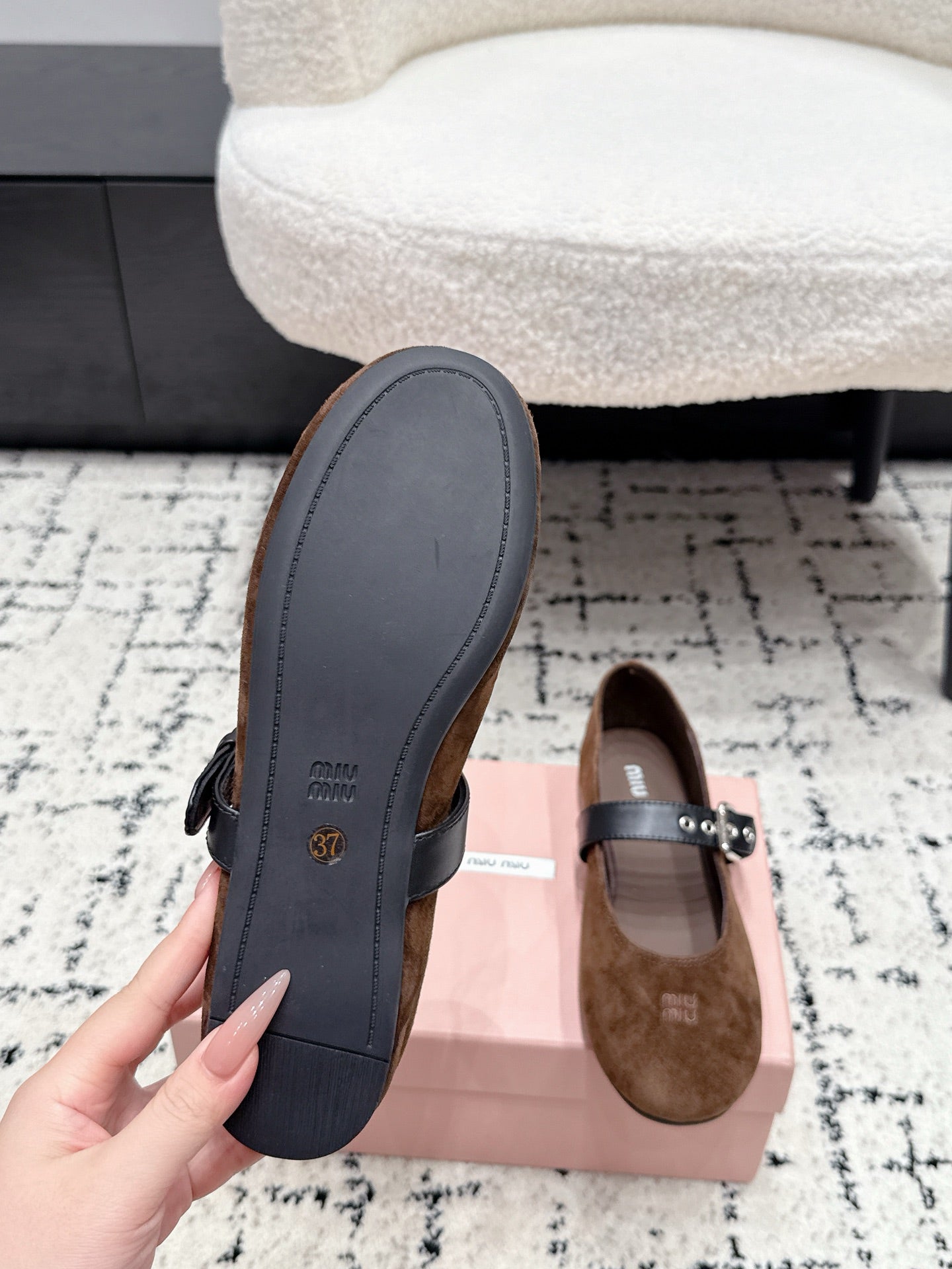 MIUMIU 26S BALLET FLATS IN DARK BROWN SUEDE