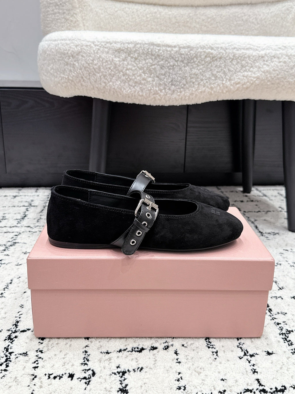MIUMIU 26S BALLET FLATS IN BLACK SUEDE