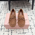 MIUMIU 26S BOW LOAFERS IN CARAMEL BROWN SUEDE