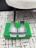 BOTTEGA VENETA 26S SQUARE-TOE WOVEN-STRAP SANDALS IN SILVER LAMBSKIN