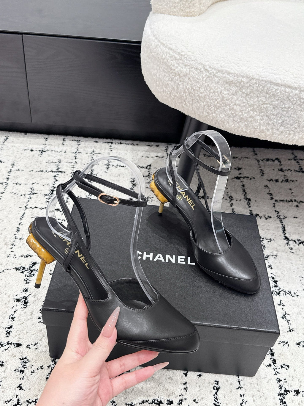 CHANEL 26S HEELED SLINGBACKS 75 MM IN BLACK LAMBSKIN