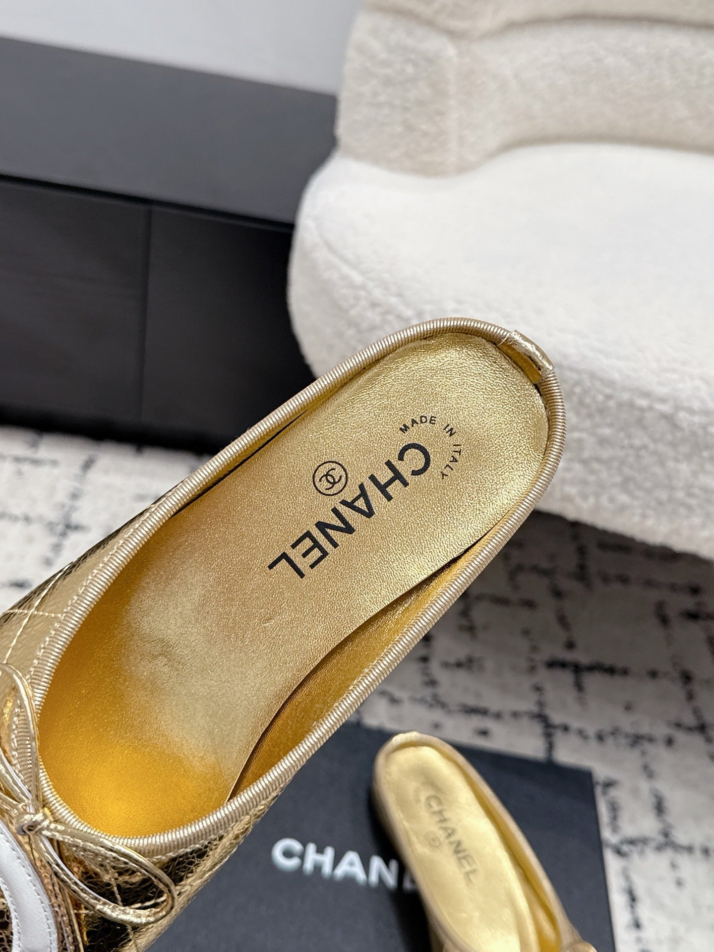 CHANEL 26S FLAT MULES IN GOLD LAMBSKIN