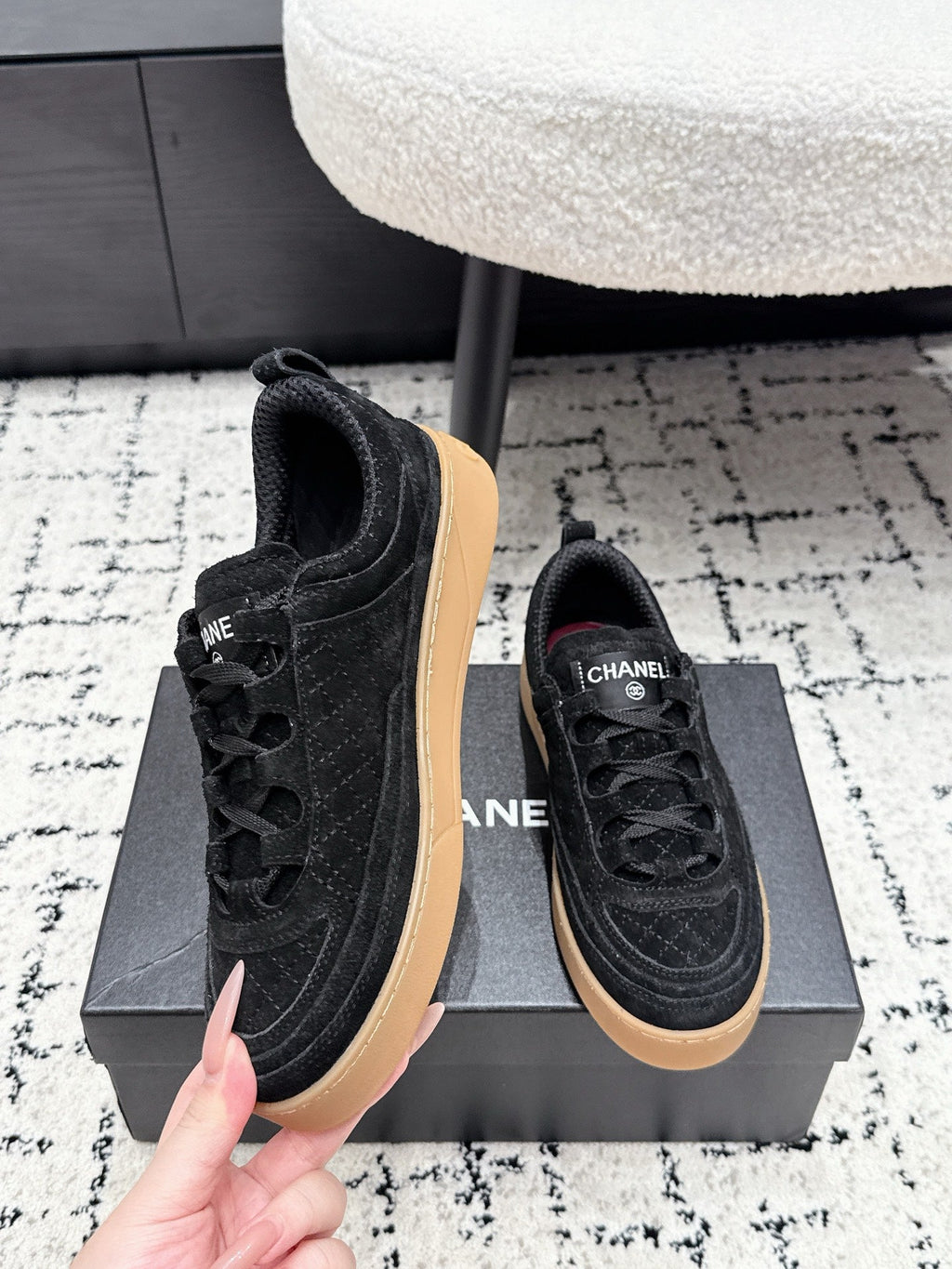 CHANEL 26S QUILTED SNEAKERS IN BLACK SUEDE