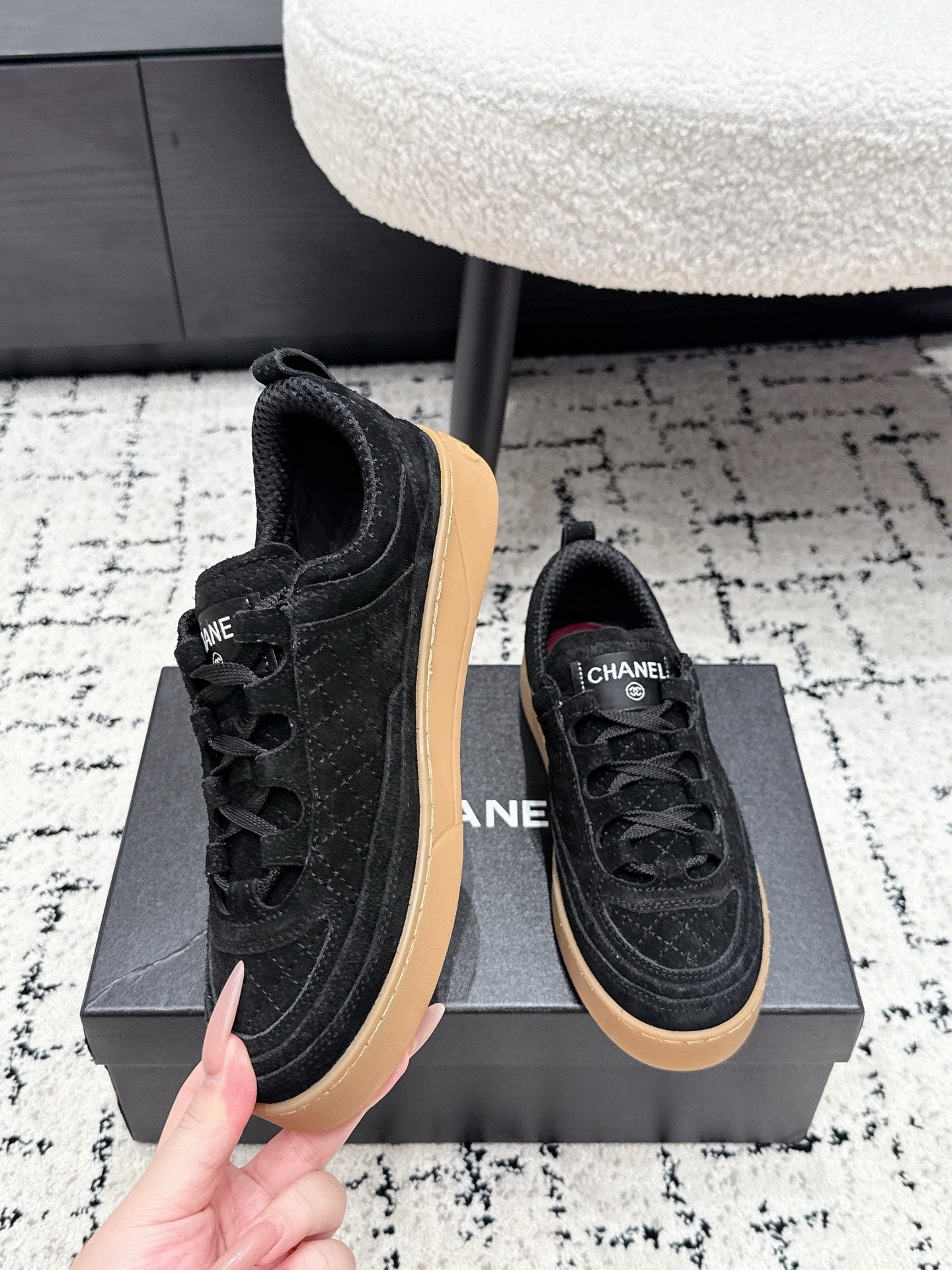 CHANEL 26S QUILTED SNEAKERS IN BLACK SUEDE