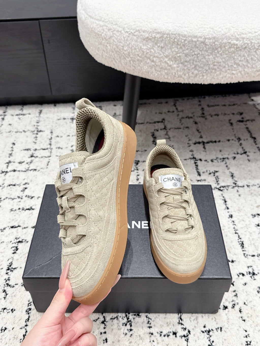 CHANEL 26S QUILTED SNEAKERS IN SAND BEIGE SUEDE