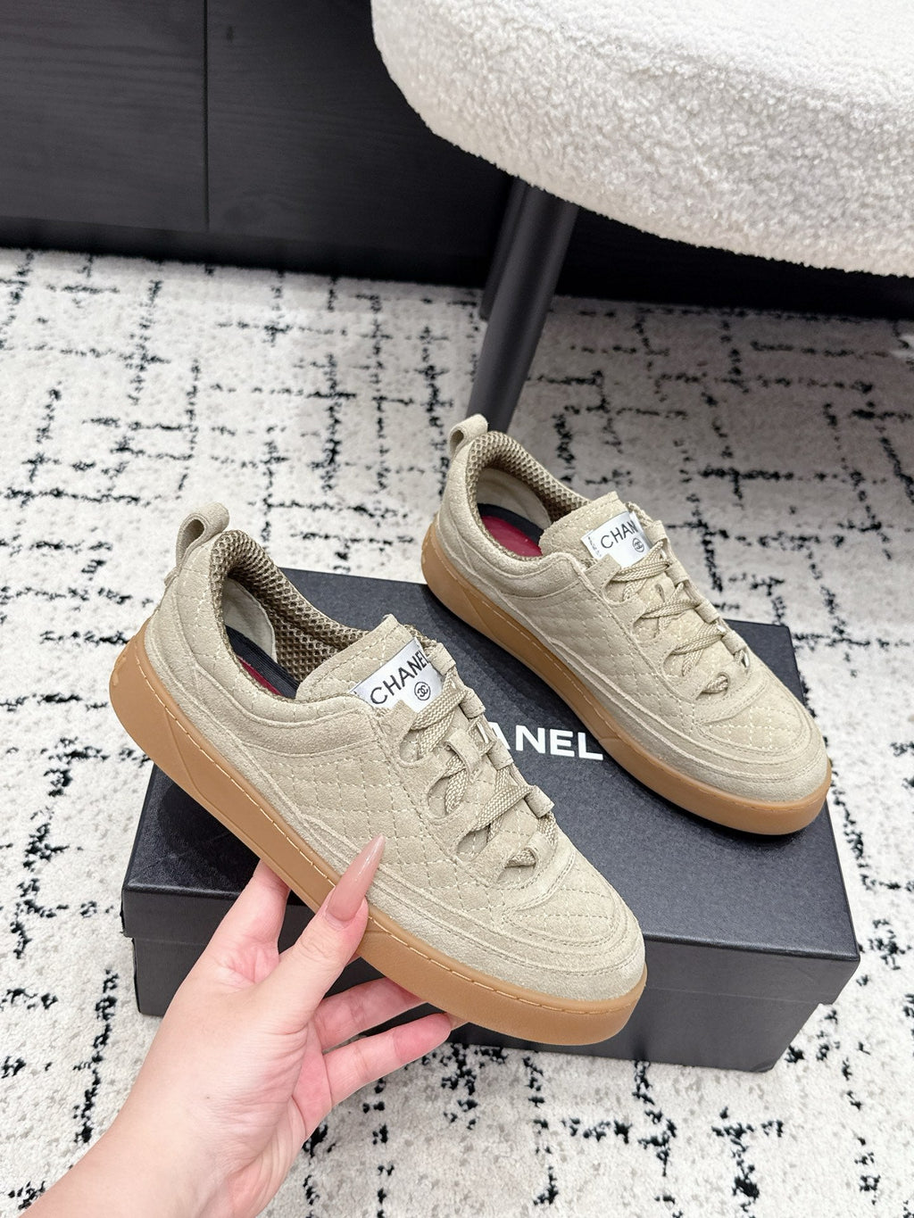 CHANEL 26S QUILTED SNEAKERS IN SAND BEIGE SUEDE