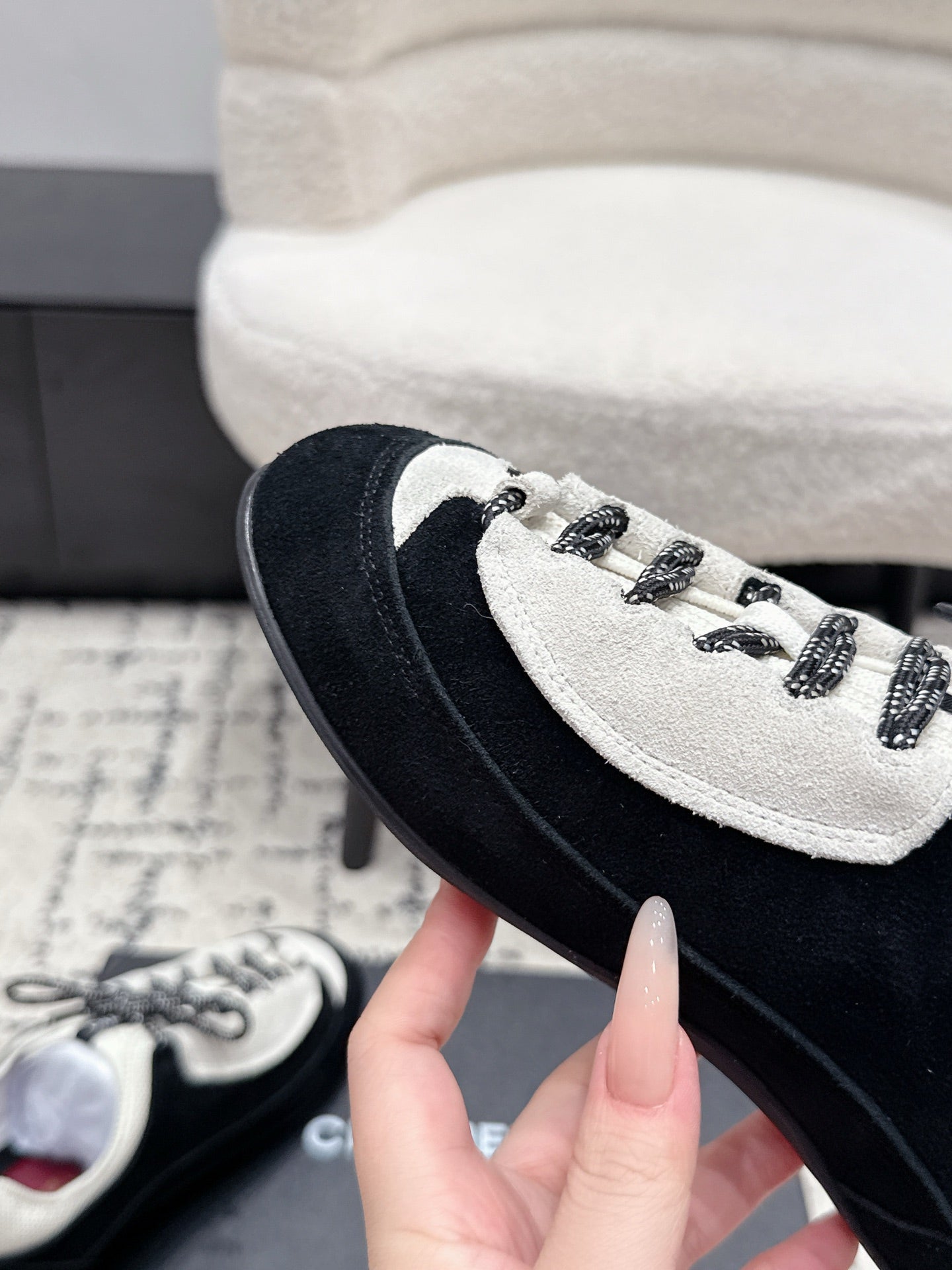 CHANEL 26S LACE-UP SNEAKERS IN WHITE AND BLACK SUEDE