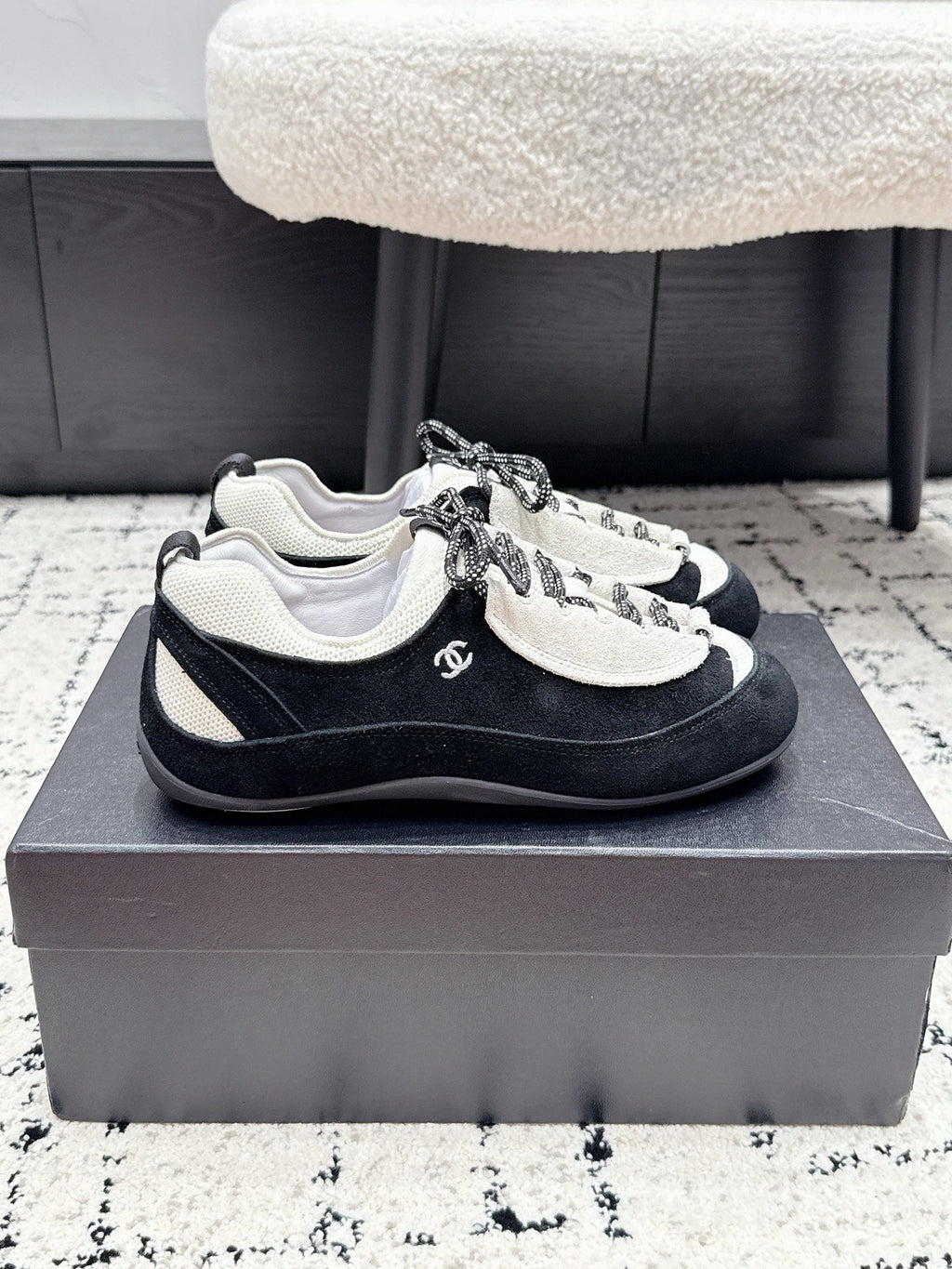 CHANEL 26S LACE-UP SNEAKERS IN WHITE AND BLACK SUEDE
