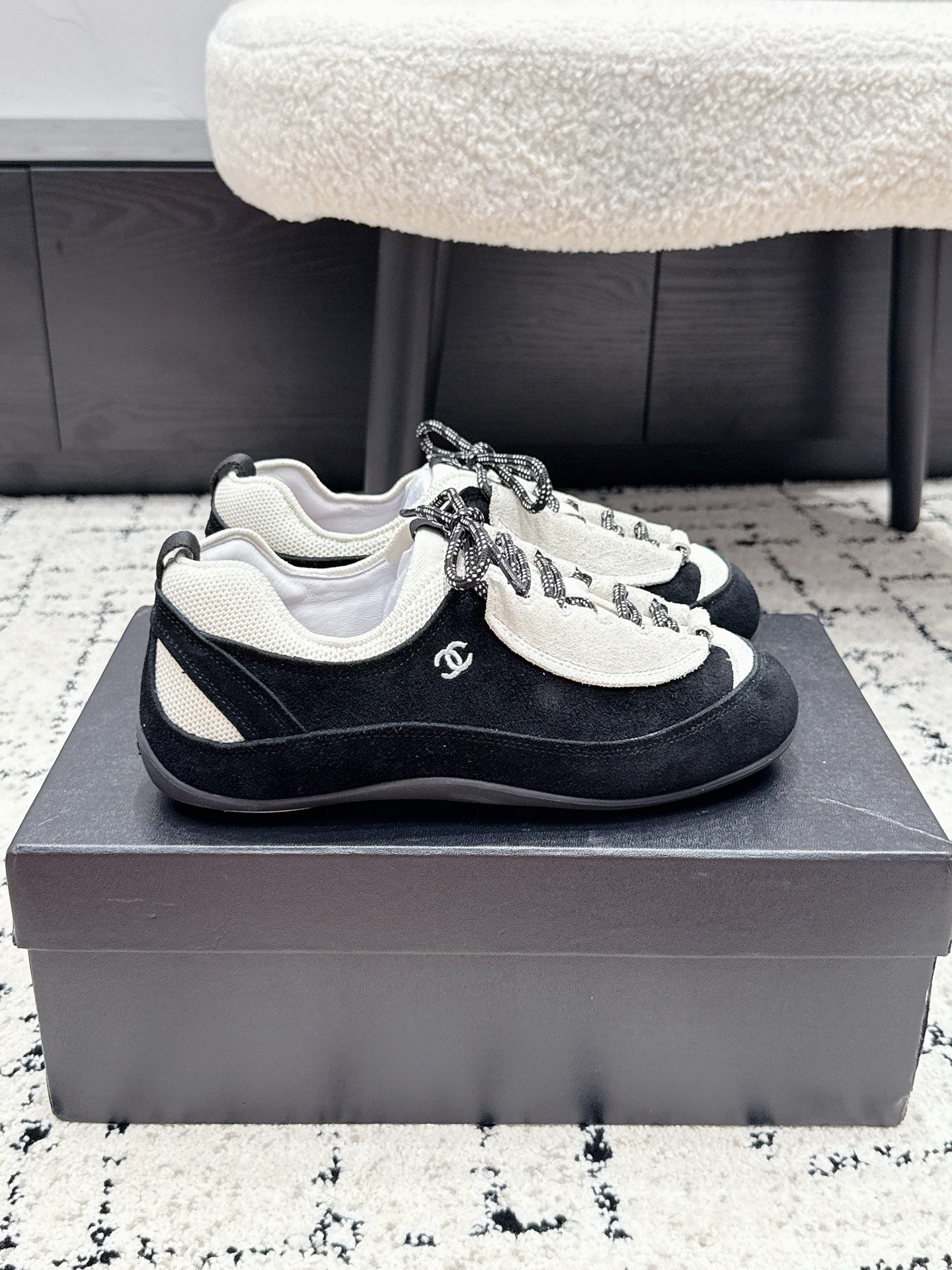 CHANEL 26S LACE-UP SNEAKERS IN WHITE AND BLACK SUEDE