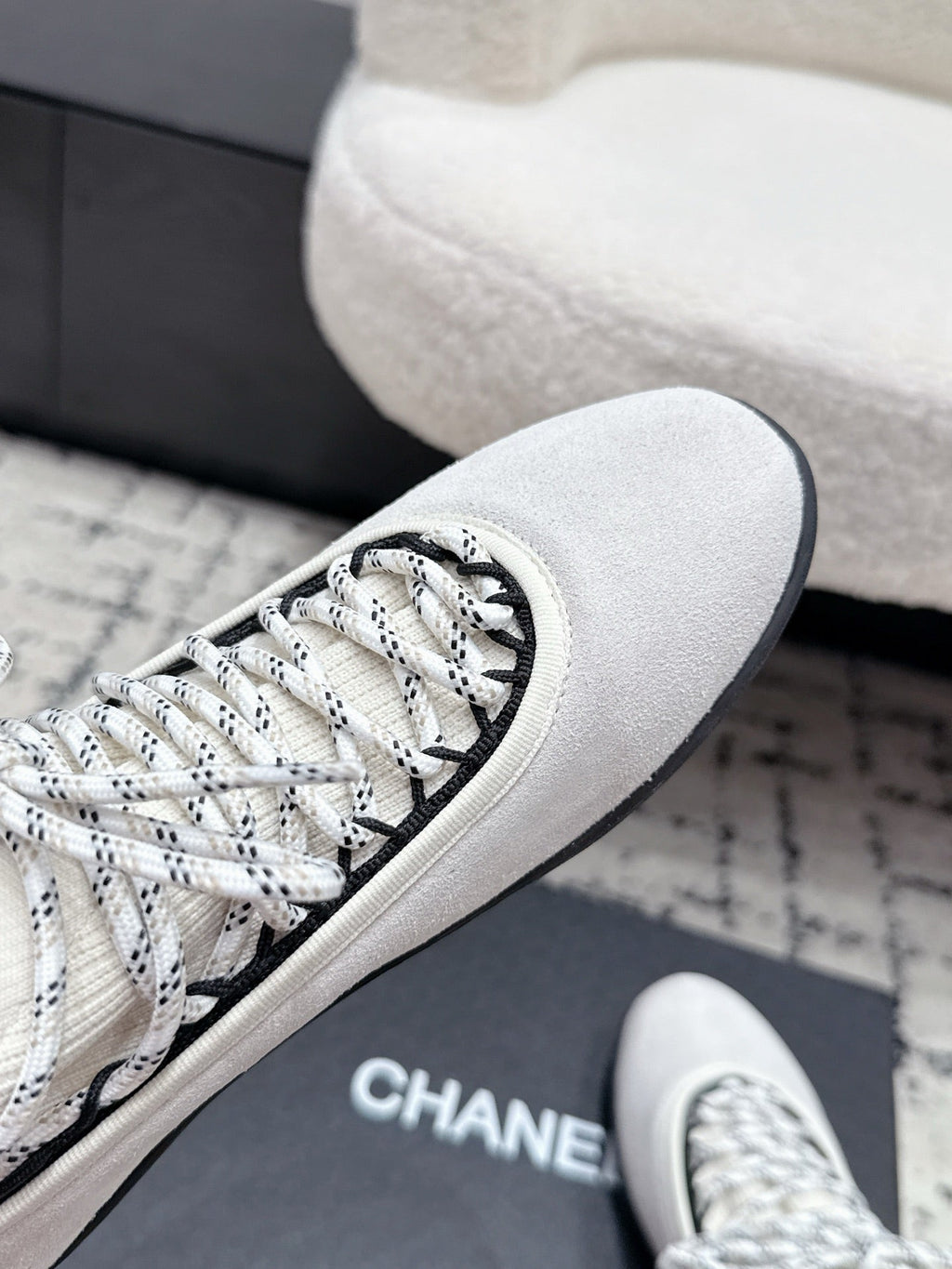 CHANEL 26S LACE-UP SNEAKERS IN WHITE SUEDE
