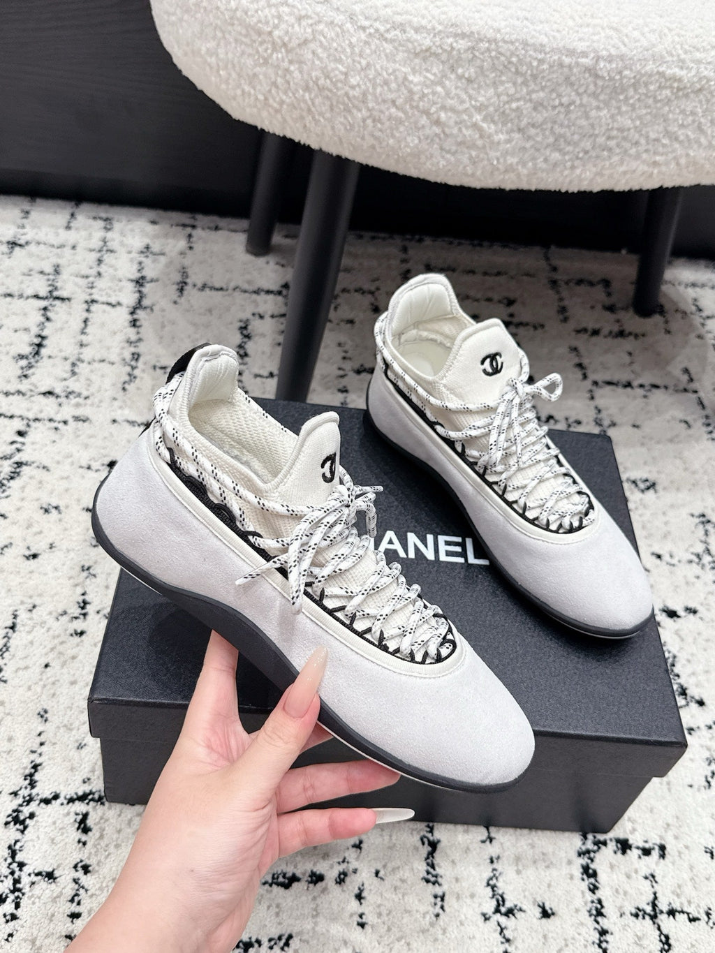CHANEL 26S LACE-UP SNEAKERS IN WHITE SUEDE