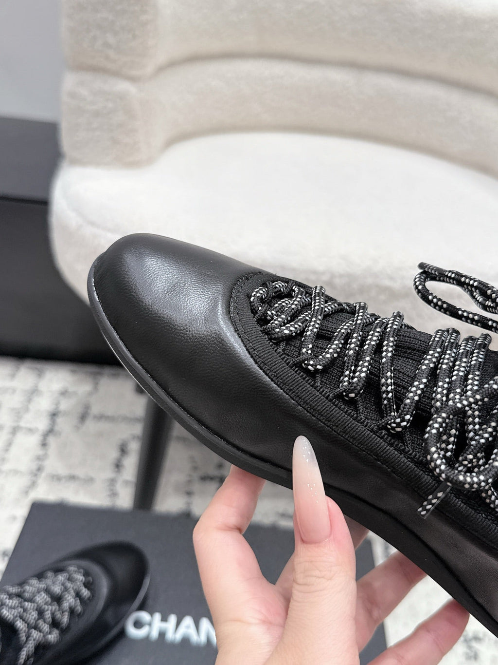 CHANEL 26S LACE-UP SNEAKERS IN BLACK FABRIC AND LAMBSKIN