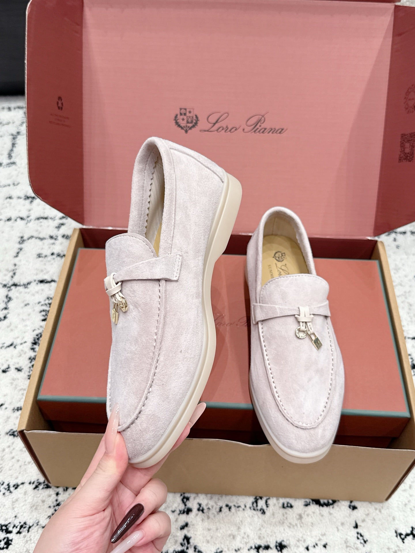 LP 26S SUMMER CHARMS WALK LOAFER IN LIGHT PINK GREY SUEDE GOLD HARDWARE