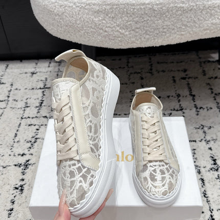 CHLOE 26S SNEAKERS IN CREAM WHITE LACE AND CALFSKIN