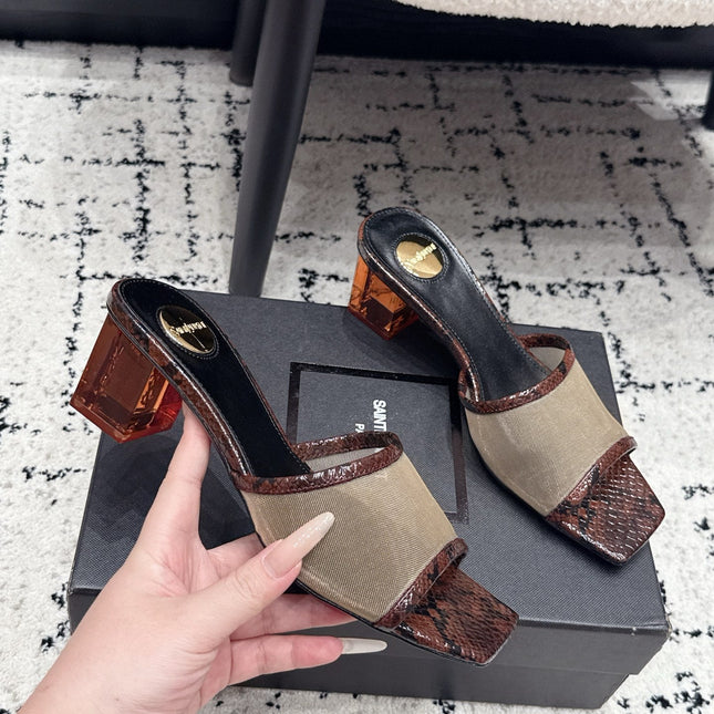YSL 26S HIGH-HEEL SANDALS 50 MM IN REDDISH BROWN SNAKESKIN & BEIGE CALFSKIN