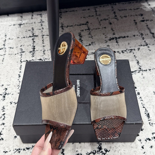 YSL 26S HIGH-HEEL SANDALS 50 MM IN REDDISH BROWN SNAKESKIN & BEIGE CALFSKIN