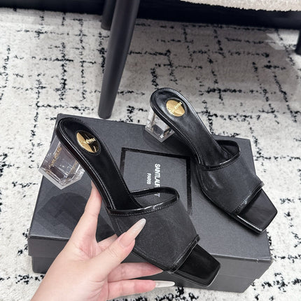 YSL 26S HIGH-HEEL SANDALS 50 MM IN BLACK CALFSKIN AND MESH