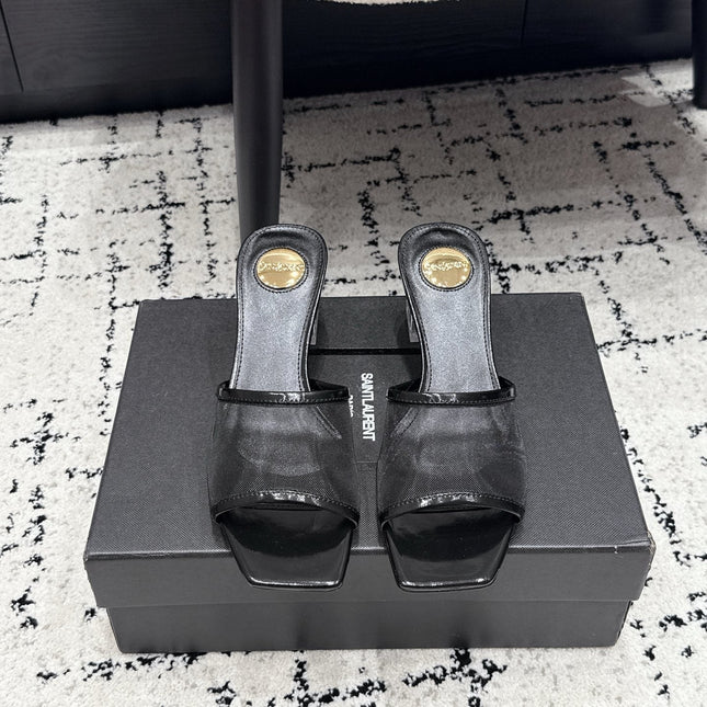 YSL 26S HIGH-HEEL SANDALS 50 MM IN BLACK CALFSKIN AND MESH