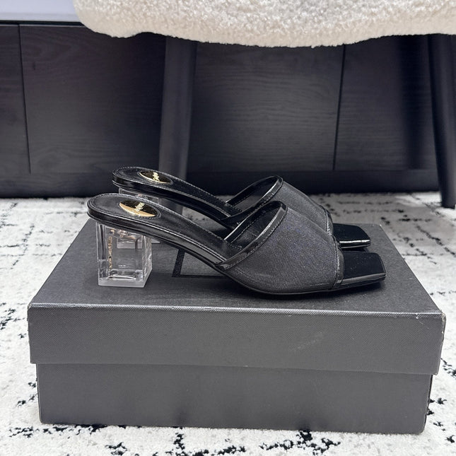 YSL 26S HIGH-HEEL SANDALS 50 MM IN BLACK CALFSKIN AND MESH