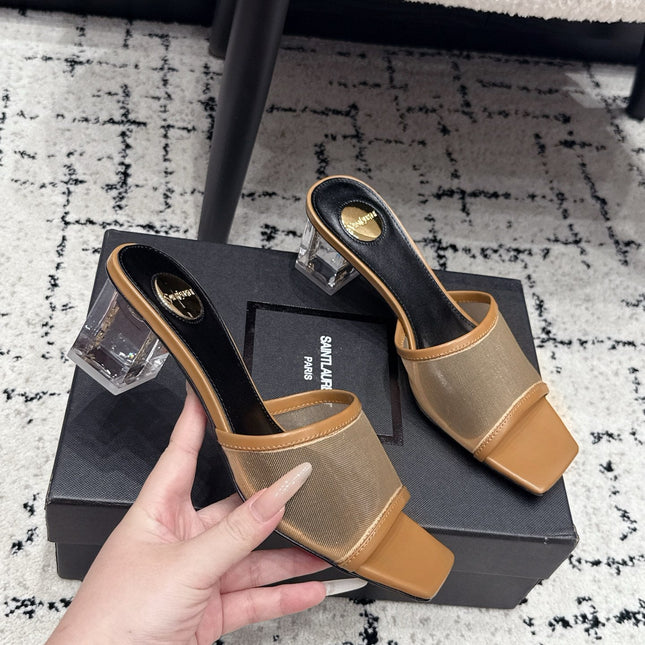 YSL 26S HIGH-HEEL SANDALS 50 MM IN LIGHT BROWN CALFSKIN AND MESH