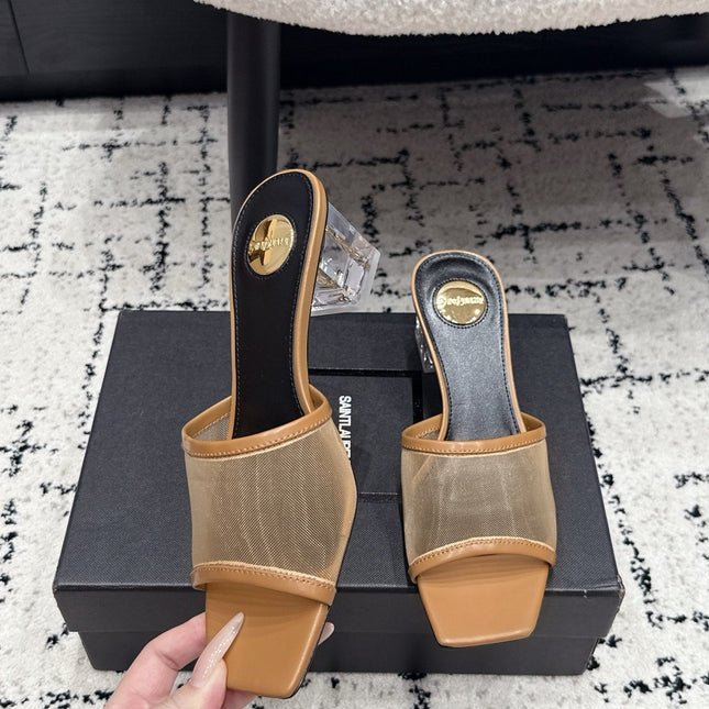 YSL 26S HIGH-HEEL SANDALS 50 MM IN LIGHT BROWN CALFSKIN AND MESH