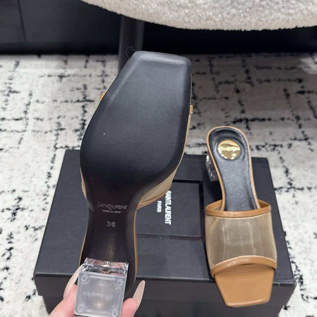 YSL 26S HIGH-HEEL SANDALS 50 MM IN LIGHT BROWN CALFSKIN AND MESH