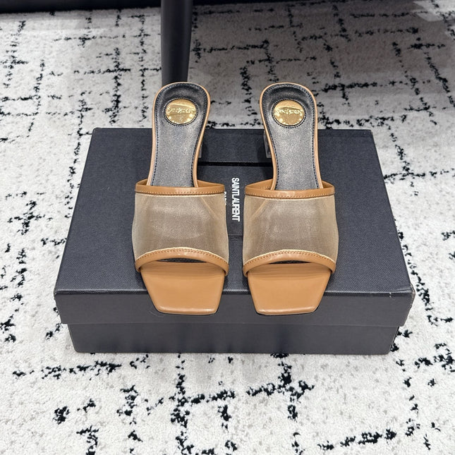 YSL 26S HIGH-HEEL SANDALS 50 MM IN LIGHT BROWN CALFSKIN AND MESH