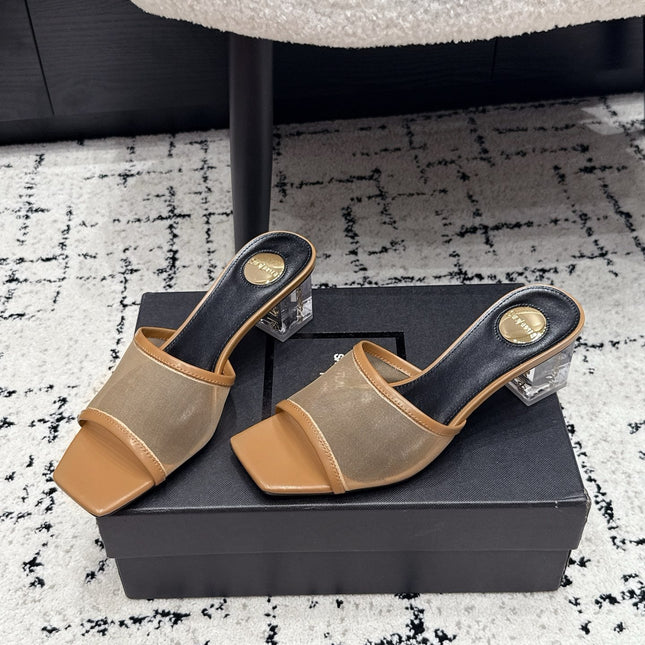 YSL 26S HIGH-HEEL SANDALS 50 MM IN LIGHT BROWN CALFSKIN AND MESH