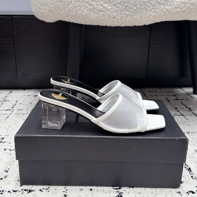 YSL 26S HIGH-HEEL SANDALS 50 MM IN WHITE CALFSKIN AND MESH 