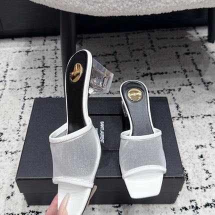 YSL 26S HIGH-HEEL SANDALS 50 MM IN WHITE CALFSKIN AND MESH 