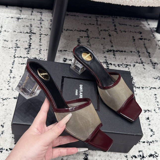 YSL 26S HIGH-HEEL SANDALS 50 MM IN DARK RED CALFSKIN AND BEIGE MESH 