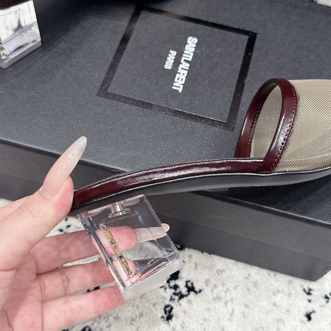 YSL 26S HIGH-HEEL SANDALS 50 MM IN DARK RED CALFSKIN AND BEIGE MESH 