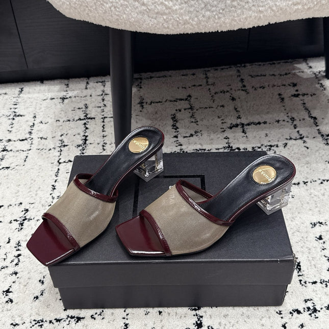 YSL 26S HIGH-HEEL SANDALS 50 MM IN DARK RED CALFSKIN AND BEIGE MESH 